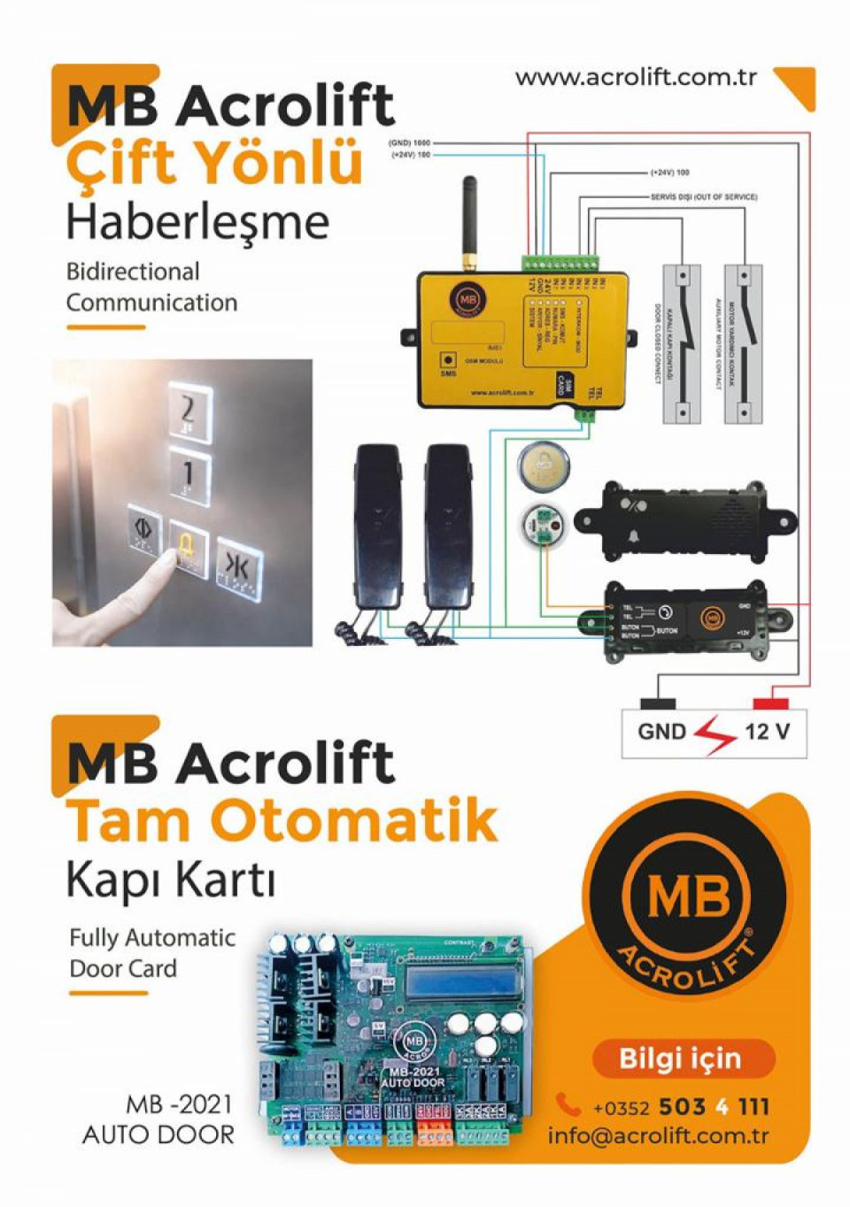 MB ACROLİFT ÇİFT YÖNLÜ HABERLEŞME VE KAPI KARTLARI